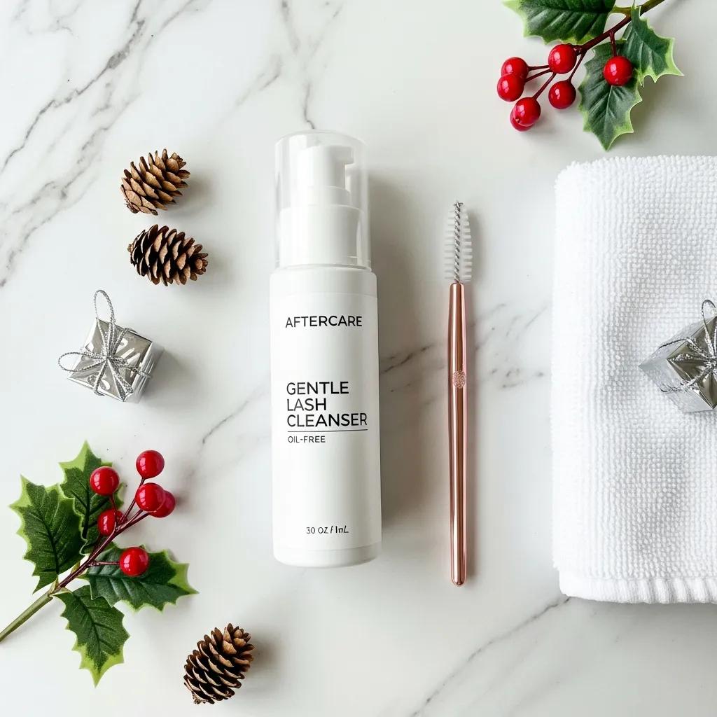 Flat lay of 2024 holiday lash trends including textured volume and color accents, showcasing seasonal styles