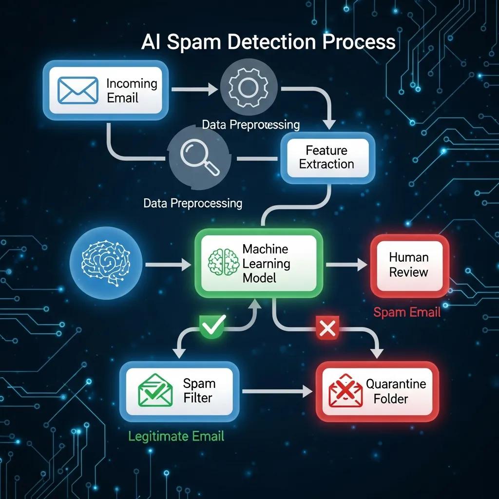 Diagram showing stages of AI email spam detection: parse, analyze, score, flag