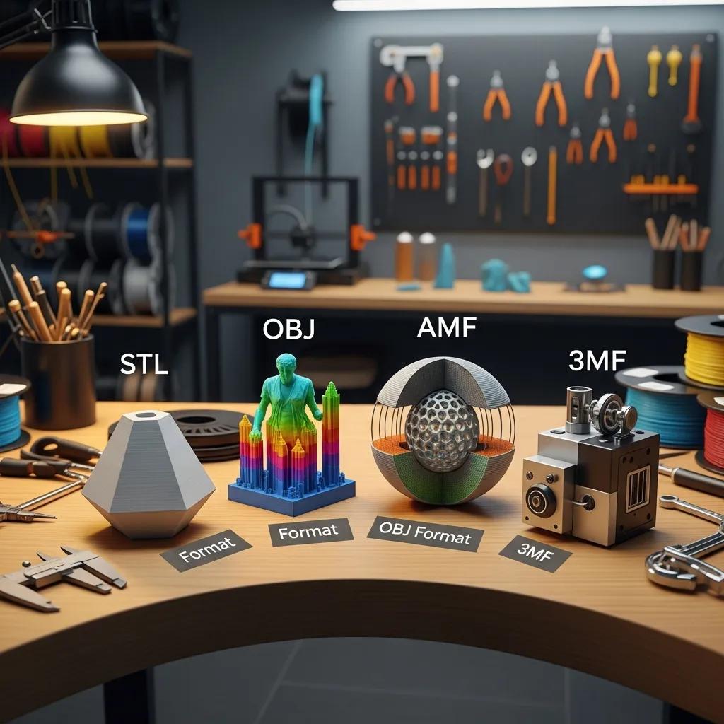Four 3D printed objects representing STL, OBJ, AMF, and 3MF file formats