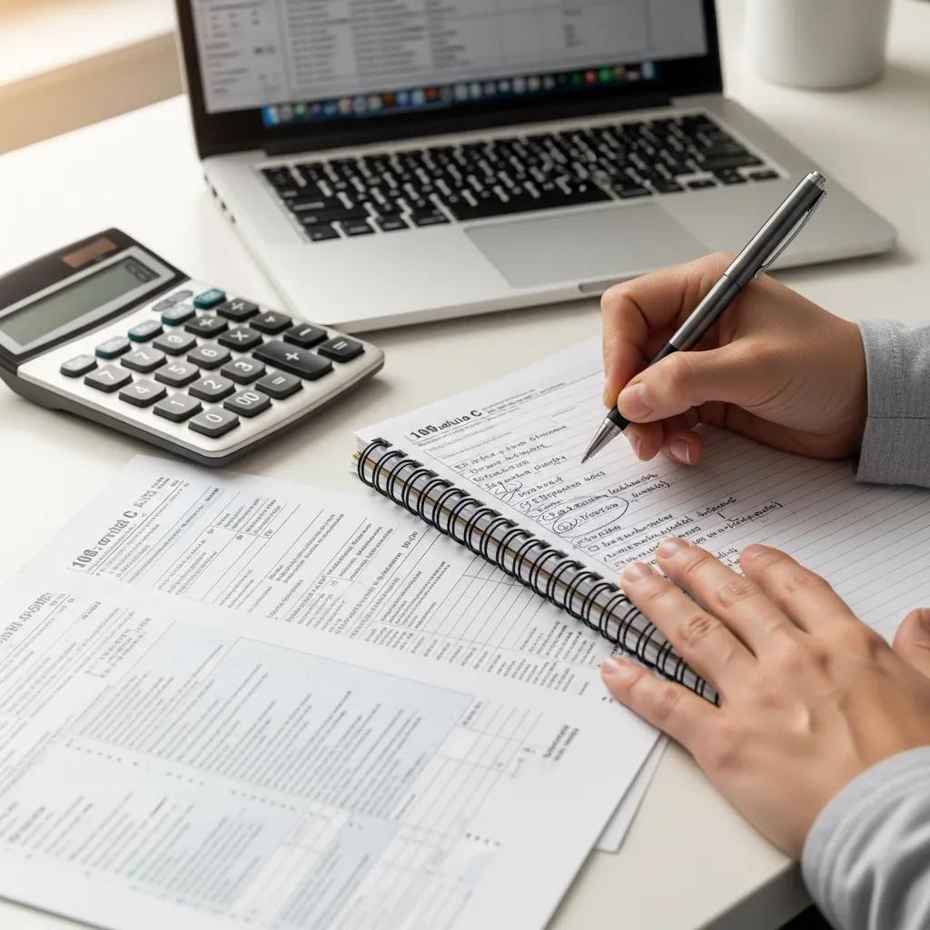 Freelancer reviewing tax forms and taking notes on obligations