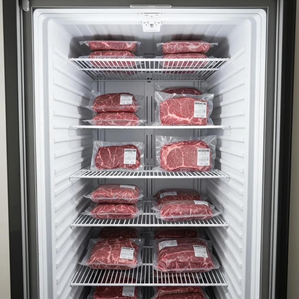 Freezer filled with vacuum-sealed beef cuts representing bulk beef delivery and meal planning