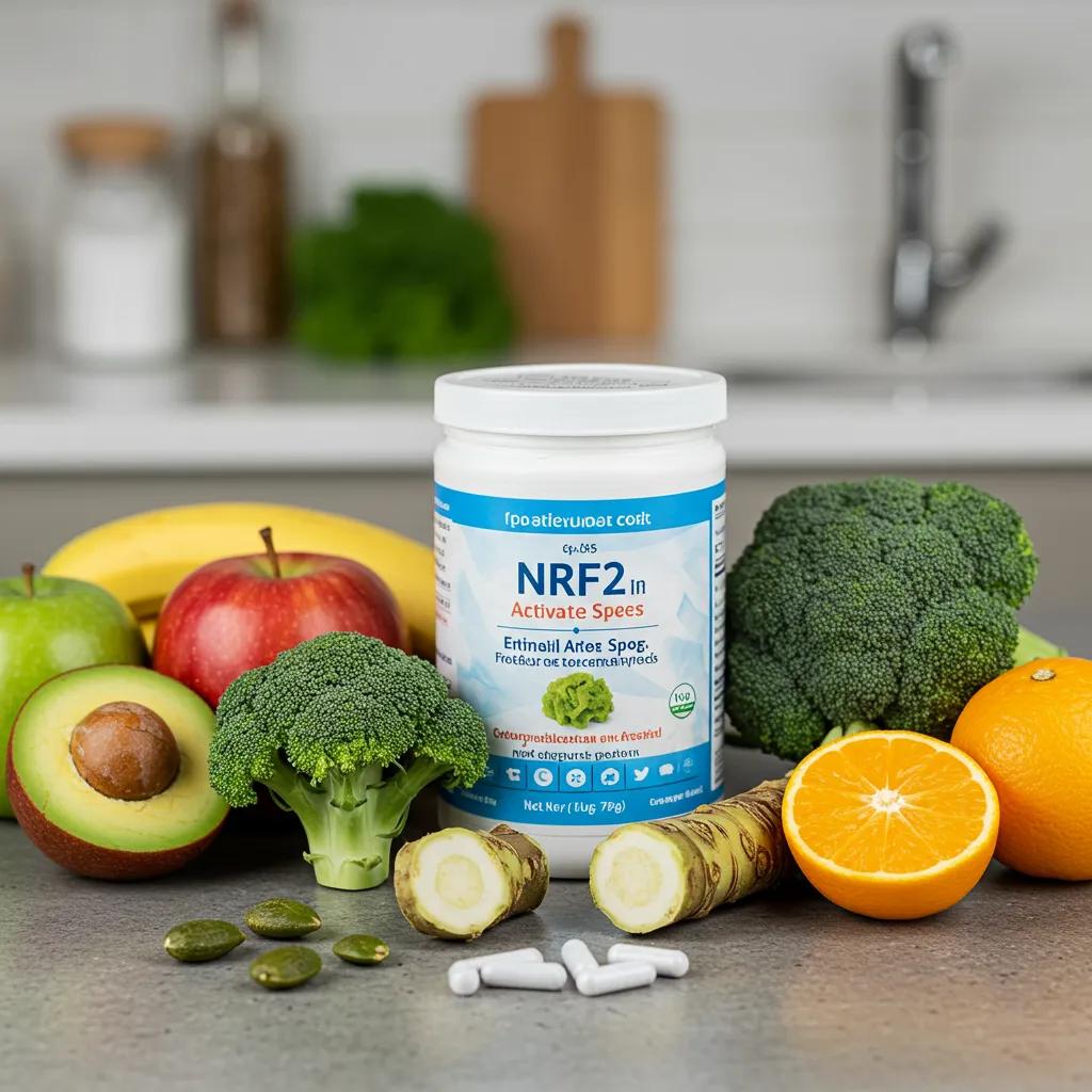 Fresh fruits and vegetables including broccoli and wasabi, symbolizing Nrf2 activation and healthy living