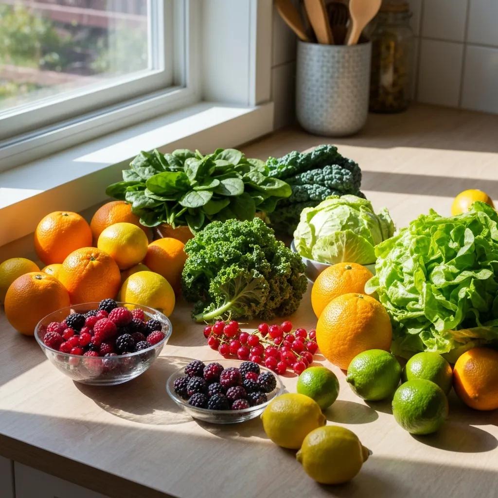 Bowl of fresh fruits and vegetables on a kitchen table to highlight nutrition for winter immunity