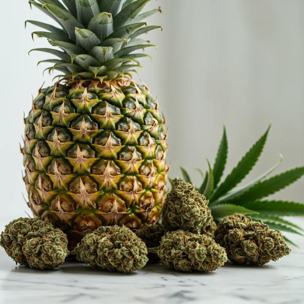Fresh pineapple and cannabis buds representing the Pineapple Express strain's tropical flavor and uplifting effects