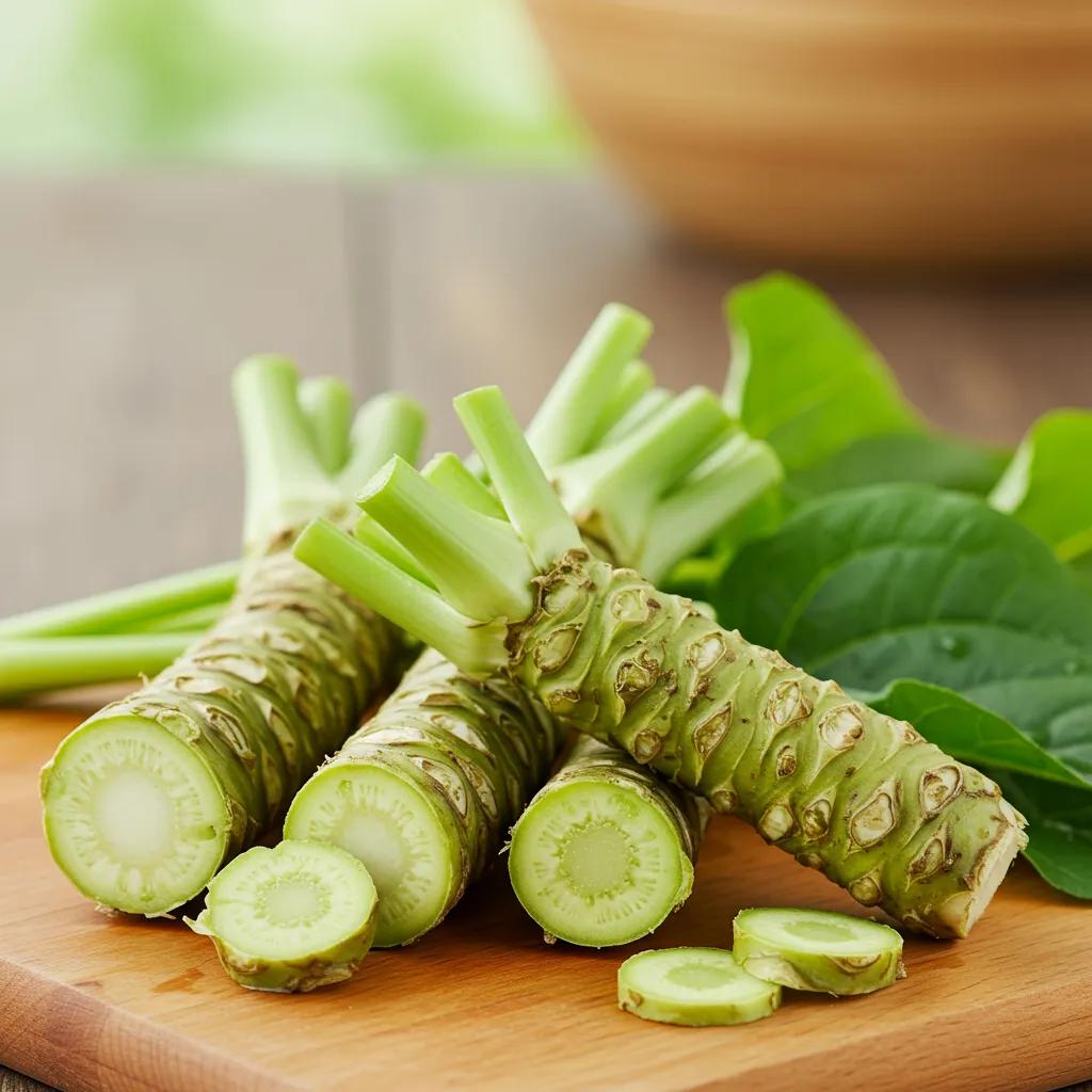 Fresh wasabi root and leaves showcasing the health benefits of wasabi for mitochondrial vitality