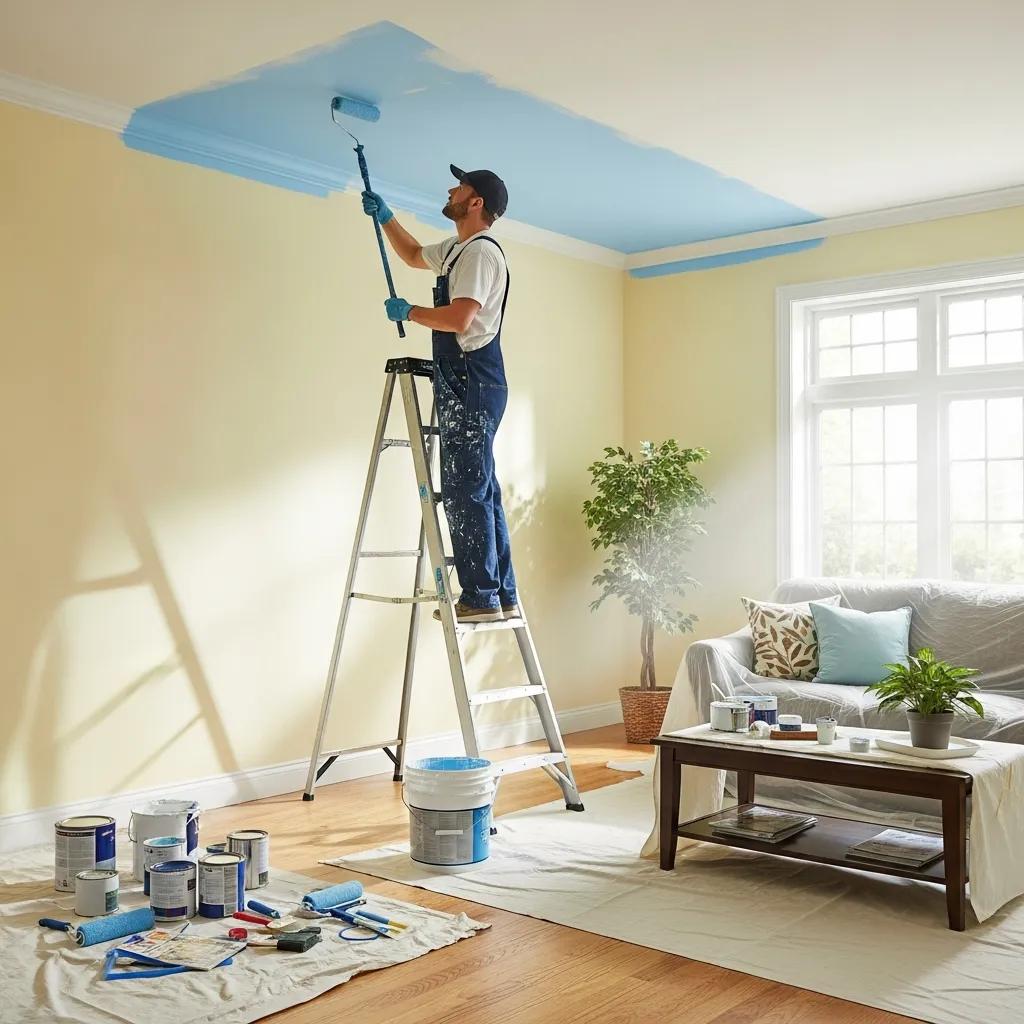 Freshly painted ceiling in a Knoxville home with a professional painter at work