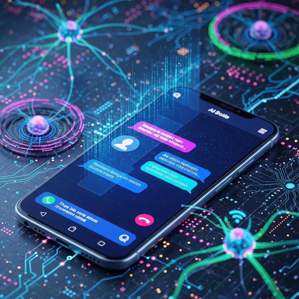 Futuristic AI interface on a phone showing synthetic voice interaction