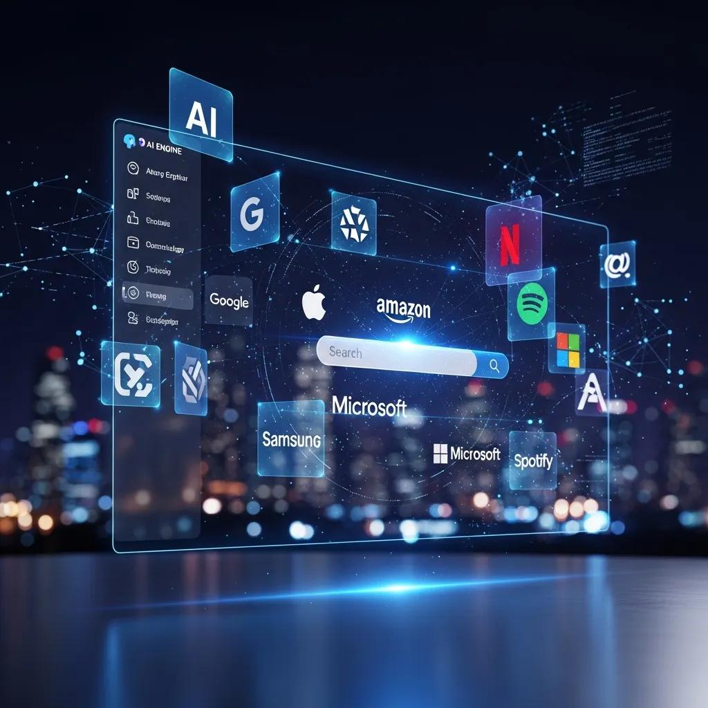 Futuristic AI search engine interface with brand logos and digital elements