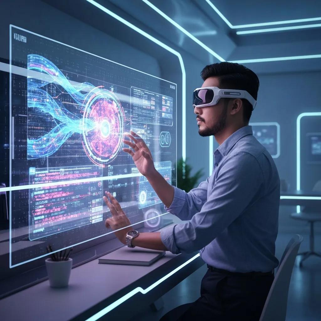 Futuristic AI search interface with flowing data and user interaction