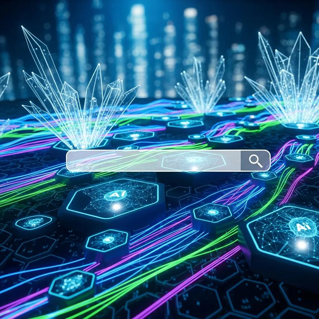 Futuristic digital landscape illustrating LLM visibility in SEO with abstract AI and data flow elements