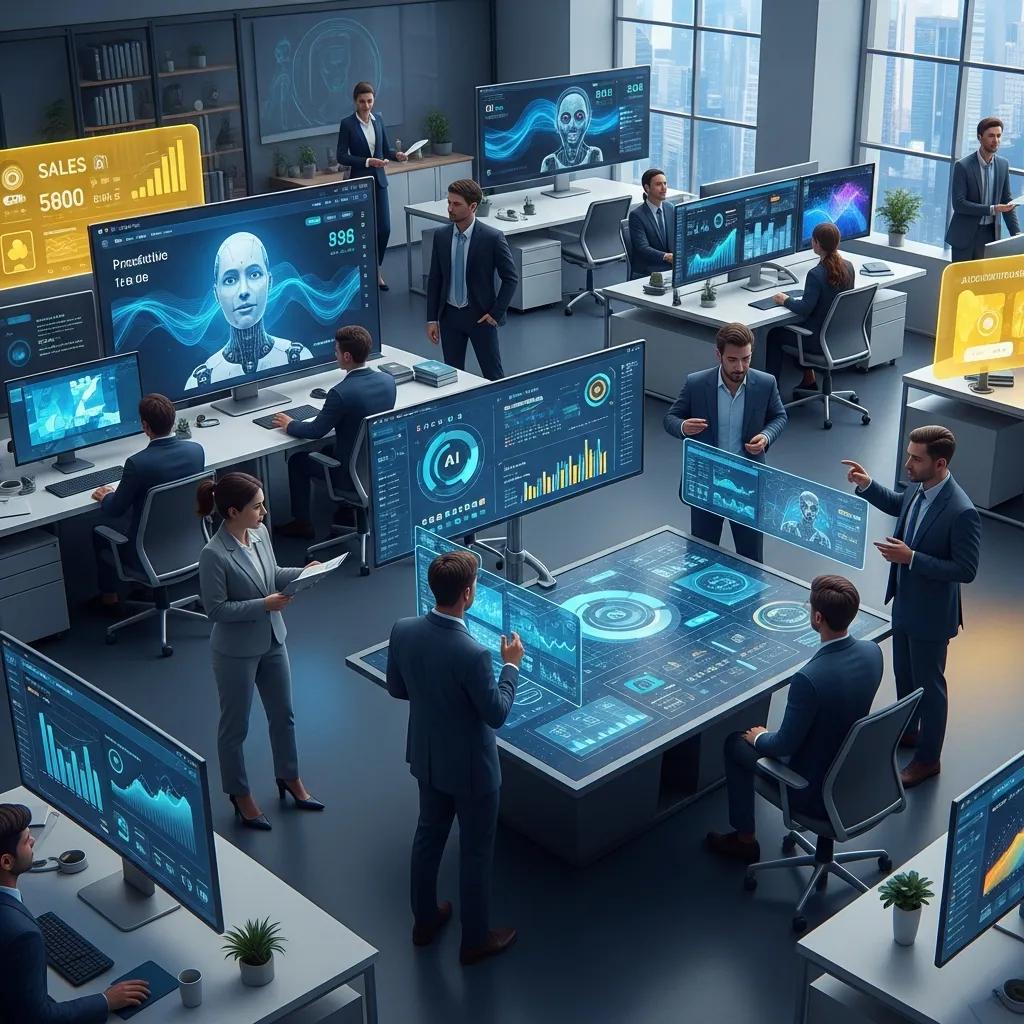 Modern office where AI-driven sales agents work alongside human teams, illustrating AI in sales
