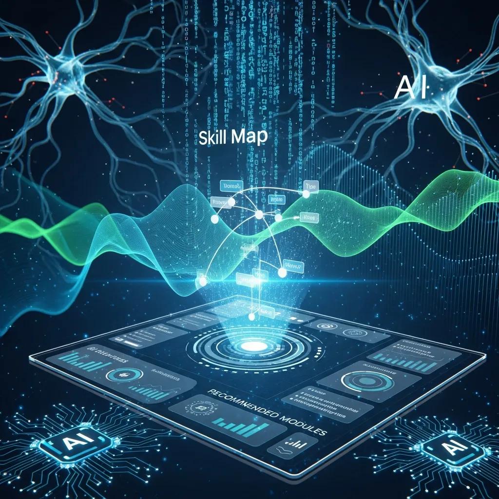Futuristic skill mapping interface showcasing AI integration with data visualization, highlighting personalized learning pathways and recommended modules for workforce development.