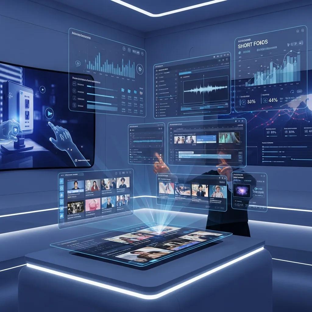 Futuristic video technology showcasing AI-driven editing tools and interactive video displays