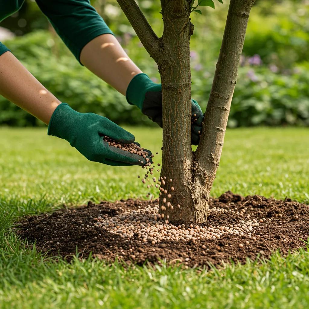 Gardener applying slow-release fertilizer around a tree in a sunny garden, emphasizing spring care