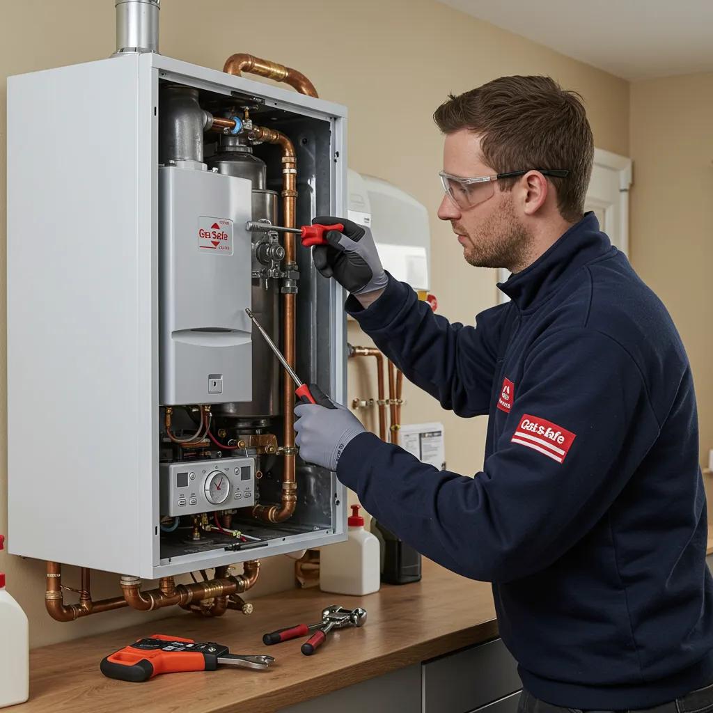 Homeowner checking boiler pressure gauge in a tidy utility room