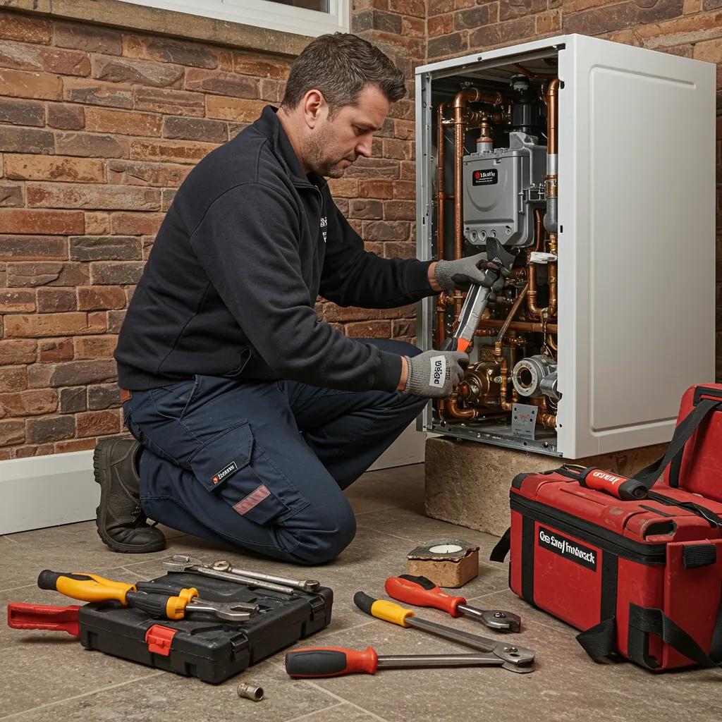 Gas Safe engineer performing emergency boiler installation in a Glasgow home, highlighting professionalism and urgency