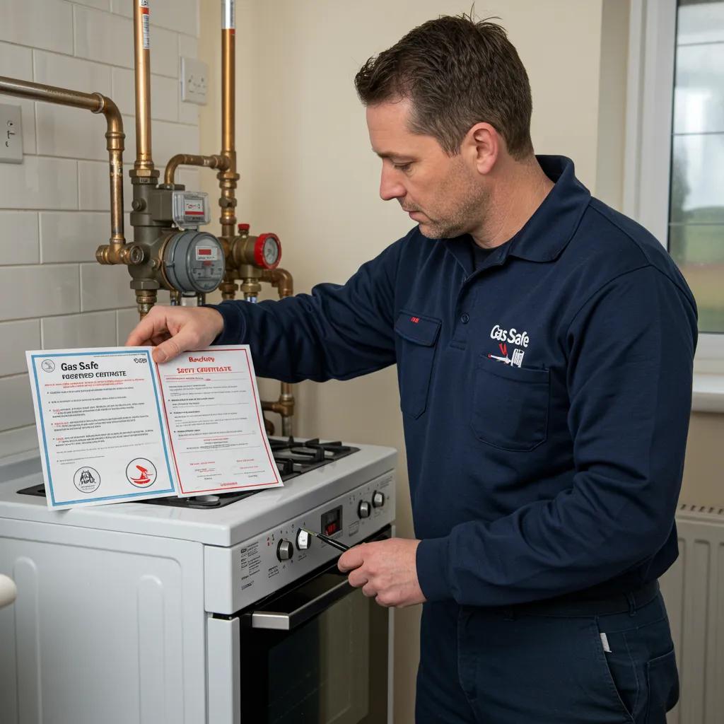 Gas Safe registered engineer inspecting a gas appliance, emphasizing safety and compliance in plumbing