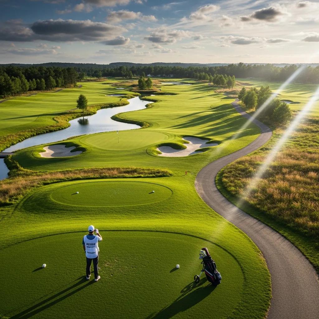 Golfer studying a hole layout and hazards before a tee shot