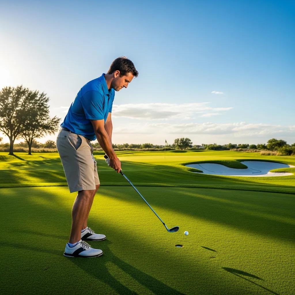 Golfer executing a controlled chip shot beside the green