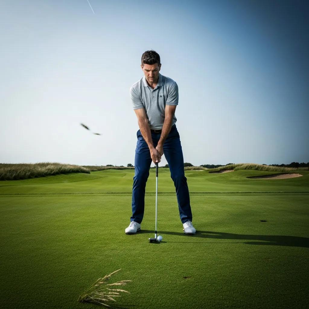 Golfer in a performance jacket standing into wind and rain, showing how weather affects play Golfer in a performance jacket standing into wind and rain, showing how weather affects play