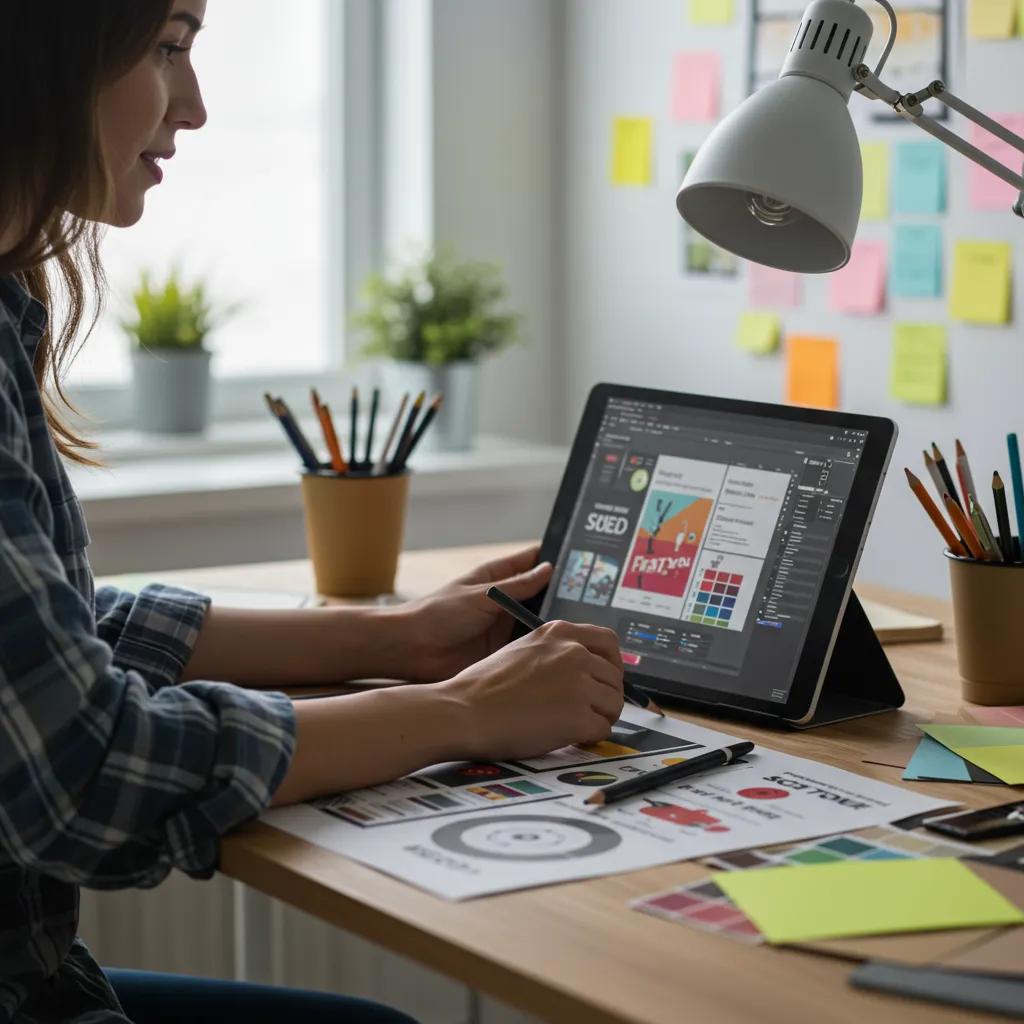 Graphic designer creating a custom poster in a bright studio, emphasizing creativity and professionalism