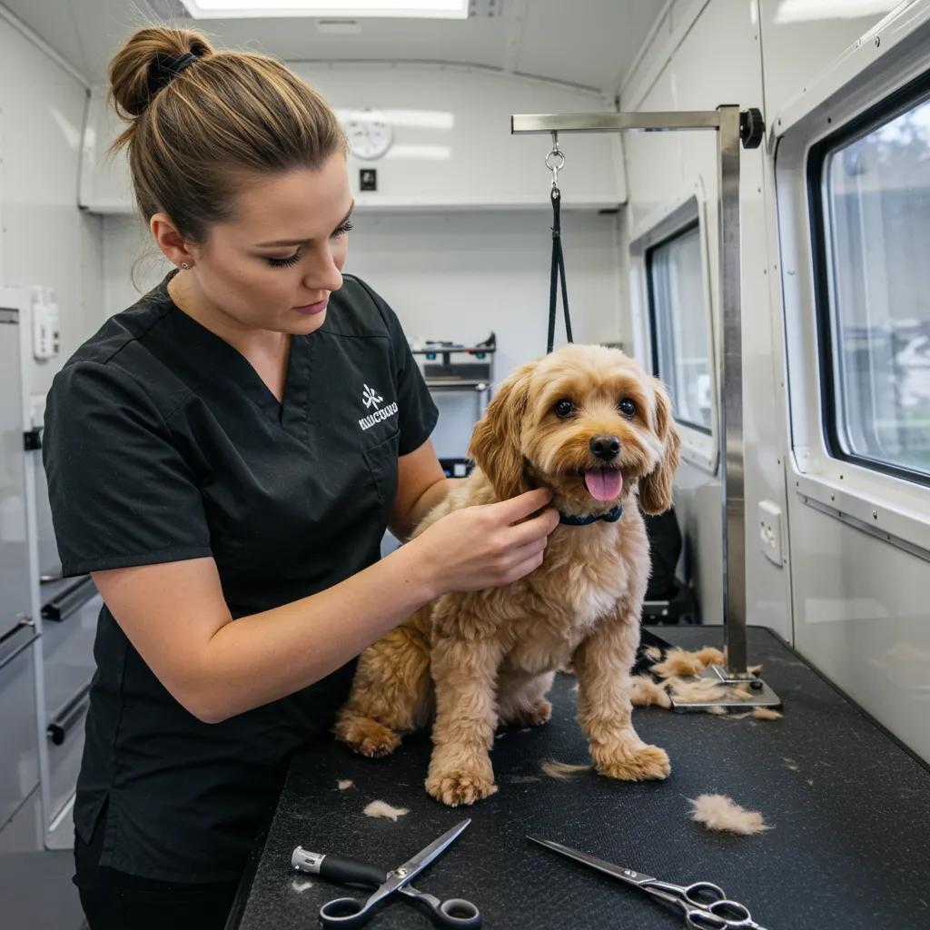 A groomer performing a thorough health check on a dog inside a mobile grooming unit, emphasizing the superior hygiene of mobile pet grooming
