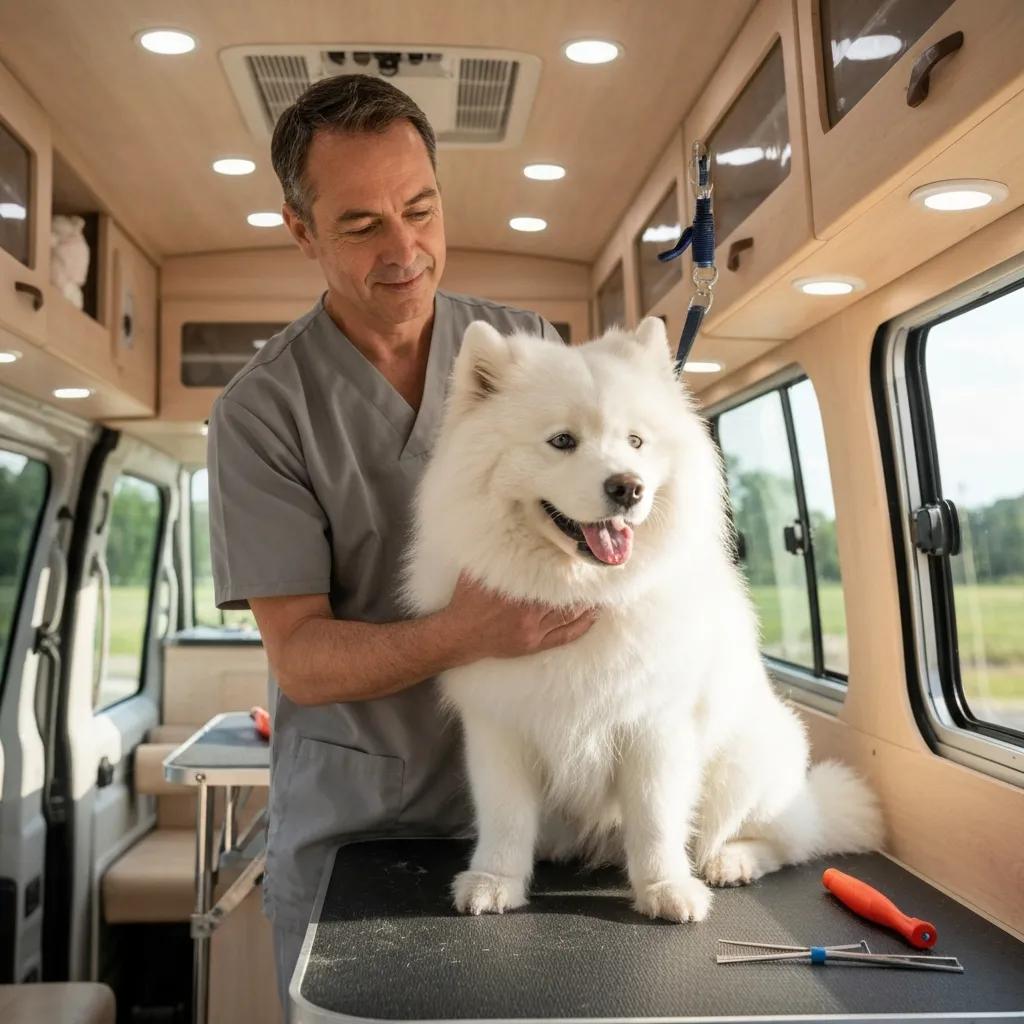 Groomer gently handling an elderly dog inside a cozy mobile grooming van