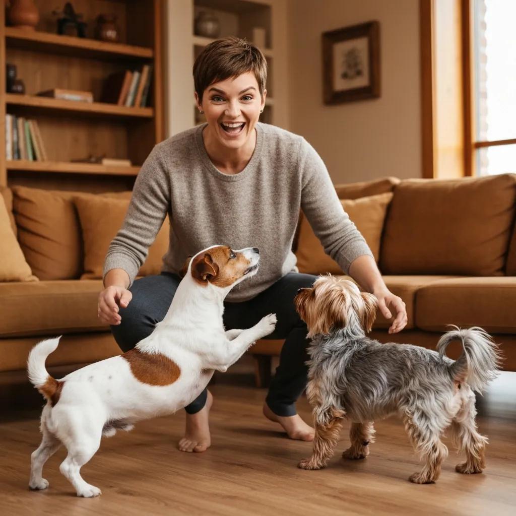 Groomer performing gentle dental care on a small dog inside a mobile grooming van