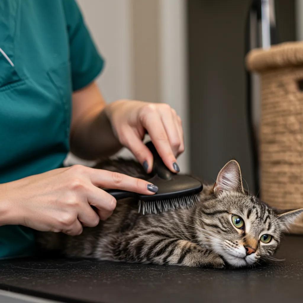Groomer providing gentle, personalized care to a relaxed cat during a mobile grooming session