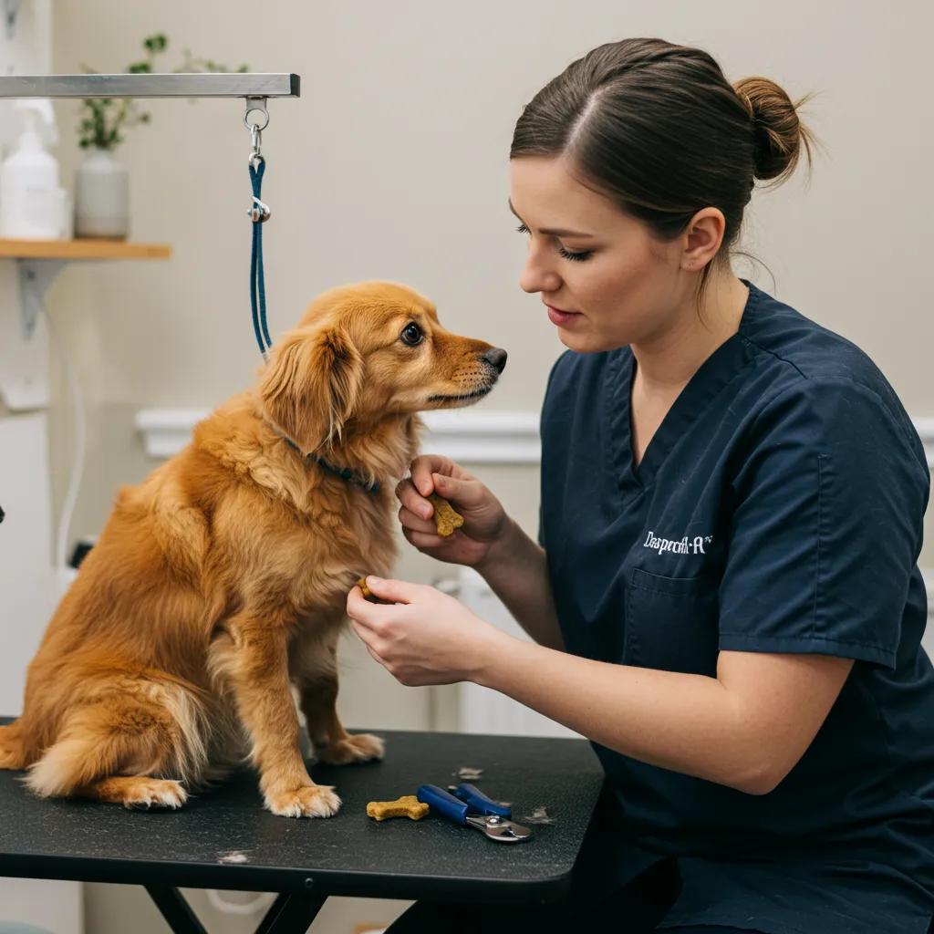 Groomer using calming techniques on an anxious dog during nail trimming