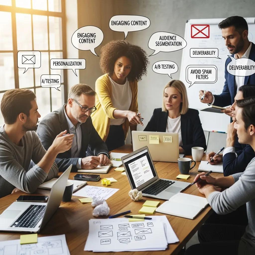 Team brainstorming with laptops β planning effective email content and engagement