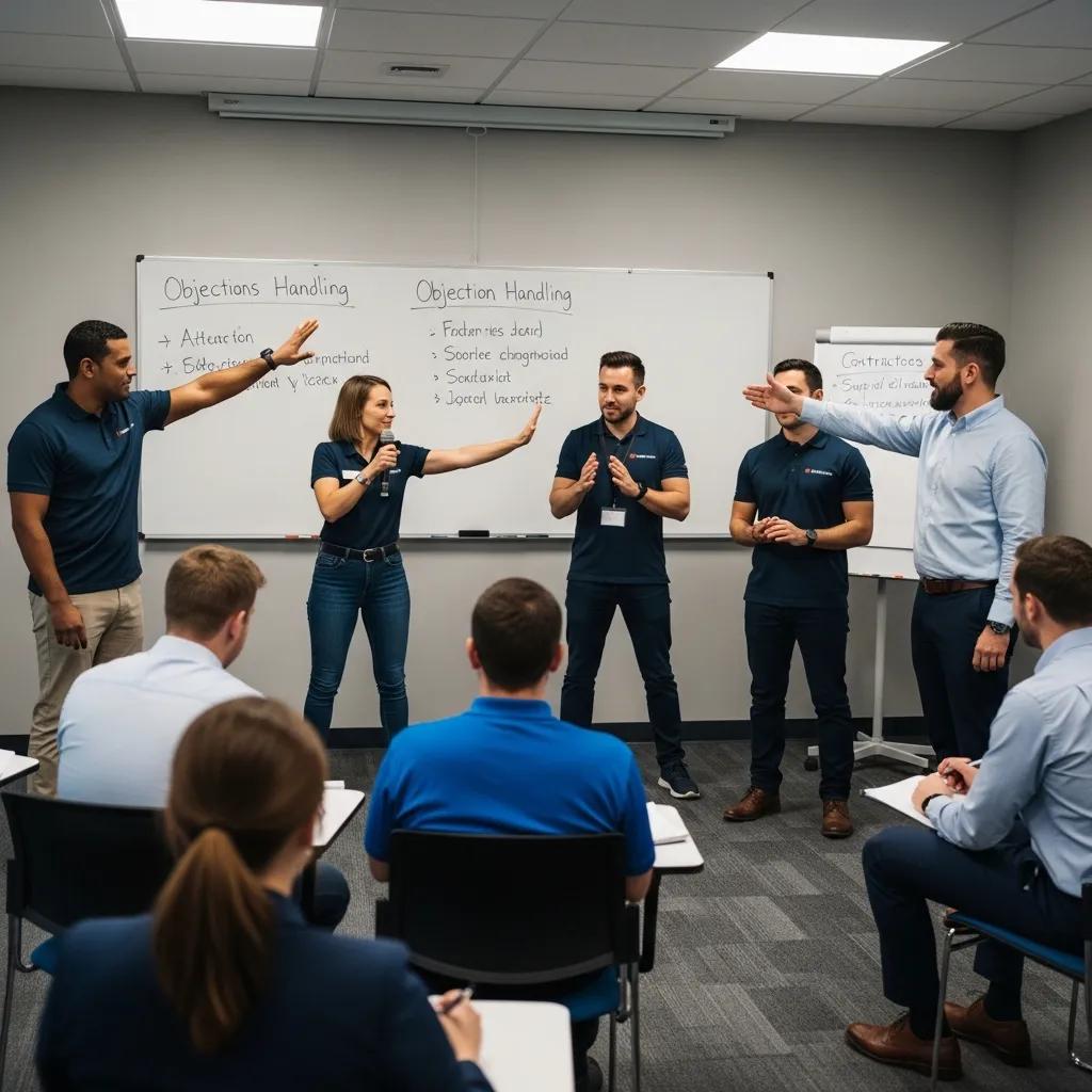 A training group of contractors running through role‑play scenarios to sharpen objection handling