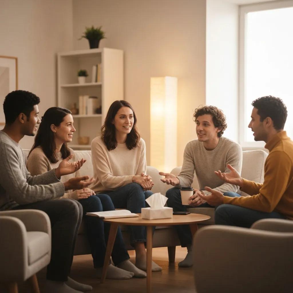 A diverse small group offering warmth and emotional support in a comfortable, private setting A diverse small group offering warmth and emotional support in a comfortable, private setting