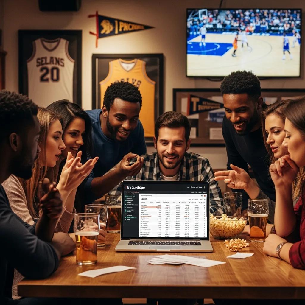 Friends comparing sports bets on a laptop running the BettorEdge platform