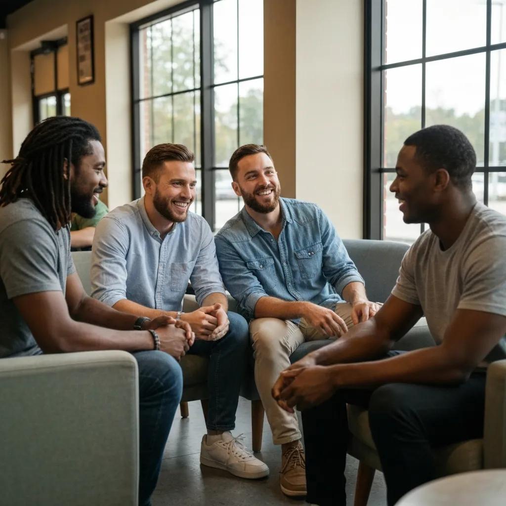 Group of Brooklyn men sharing positive waxing results and confidence stories