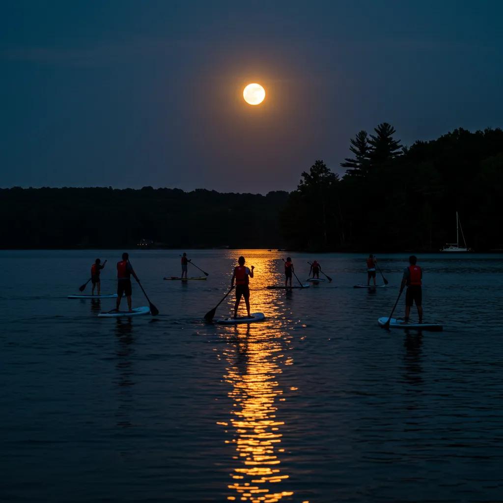 A group of happy paddleboarders soaking in the full moon magic on Summersville Lake, as brilliant moonlight dances across the water.