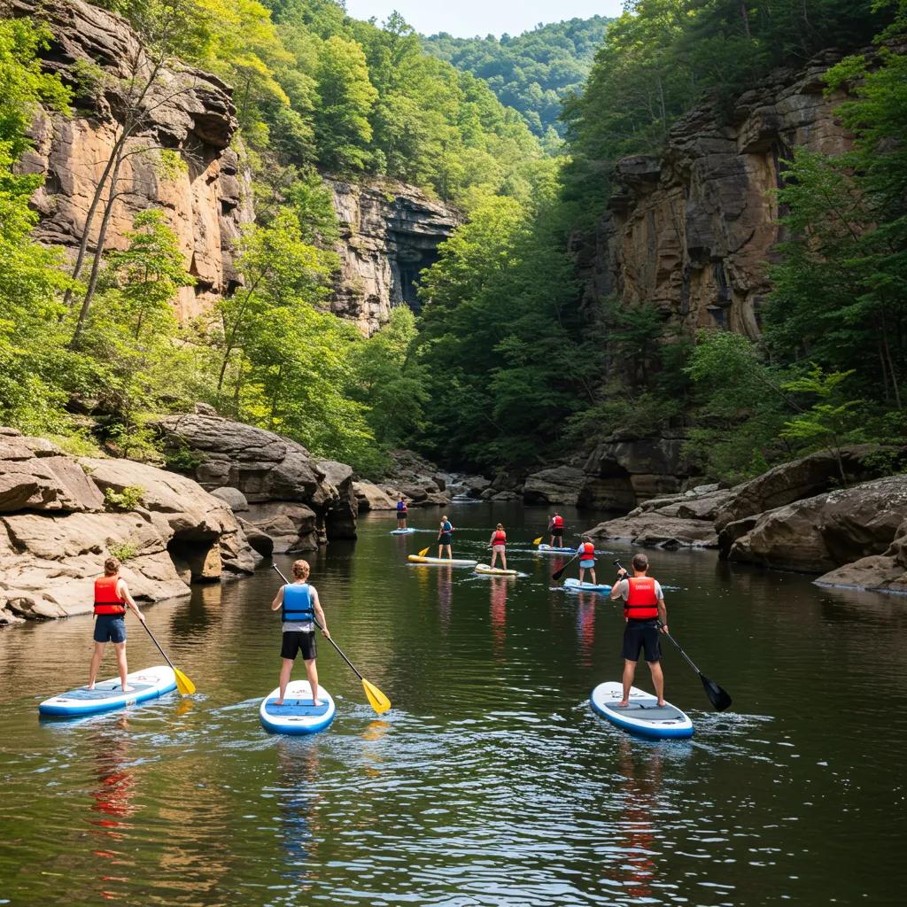 A joyful group of paddleboarders on the New River in the New River Gorge, highlighting the thrilling and scenic adventure of paddleboarding with Mountain Surf Paddle Sports A joyful group of paddleboarders on the New River in the New River Gorge, highlighting the thrilling and scenic adventure of paddleboarding with Mountain Surf Paddle Sports