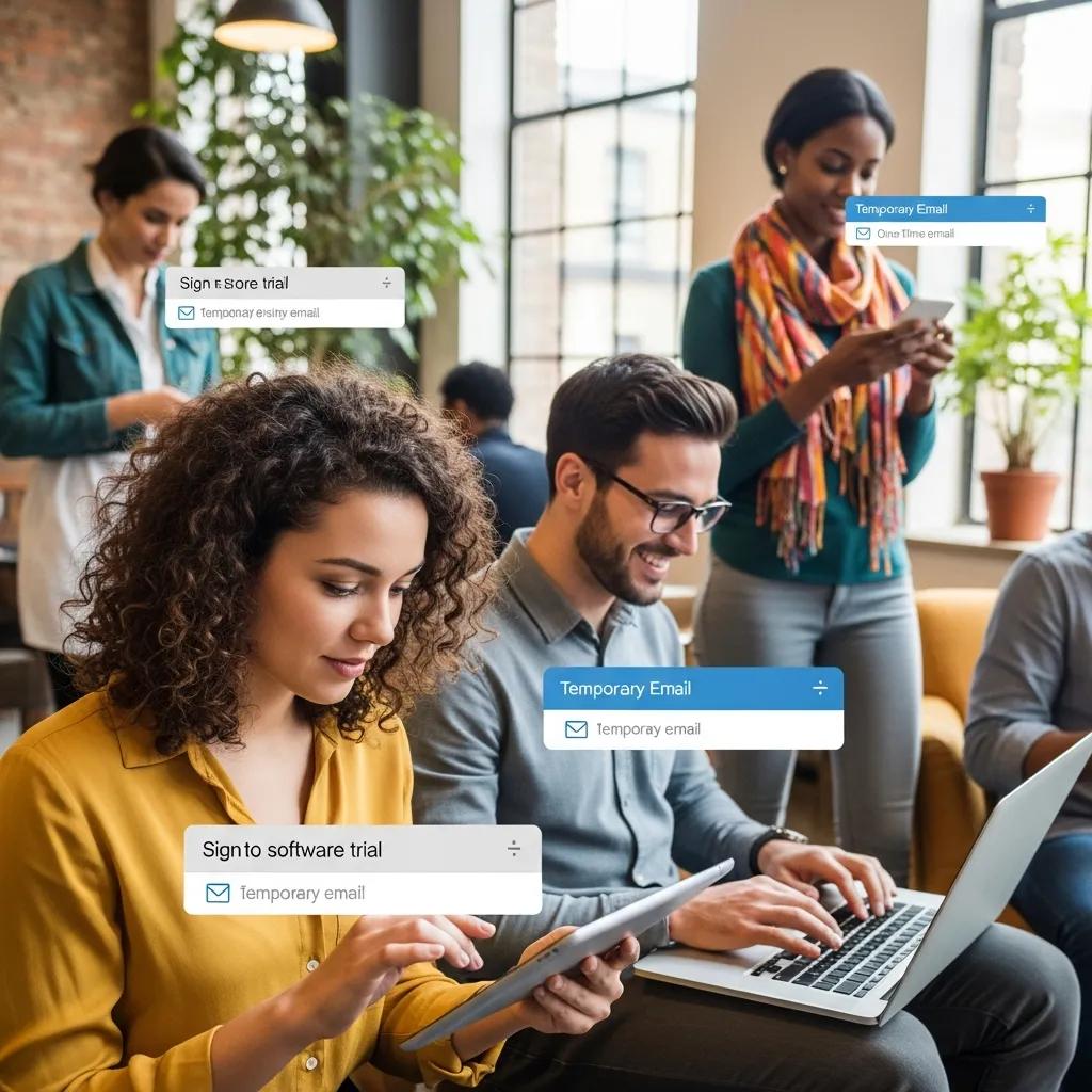 Group of people using temporary email services for various practical tasks