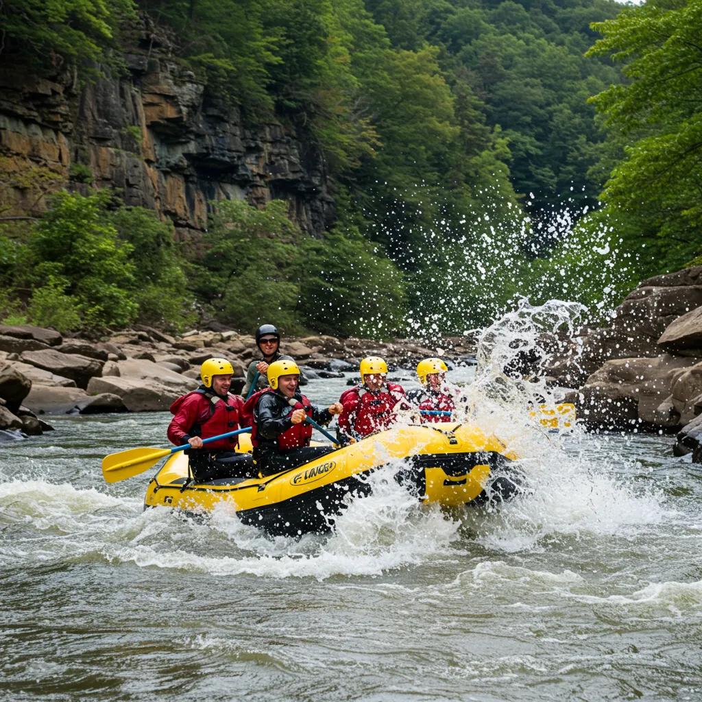 Excited group of rafters navigating thrilling rapids in New River Gorge, capturing the essence of whitewater adventure