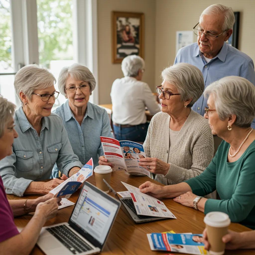 Group of retirees discussing Medicare Advantage plans in a community setting