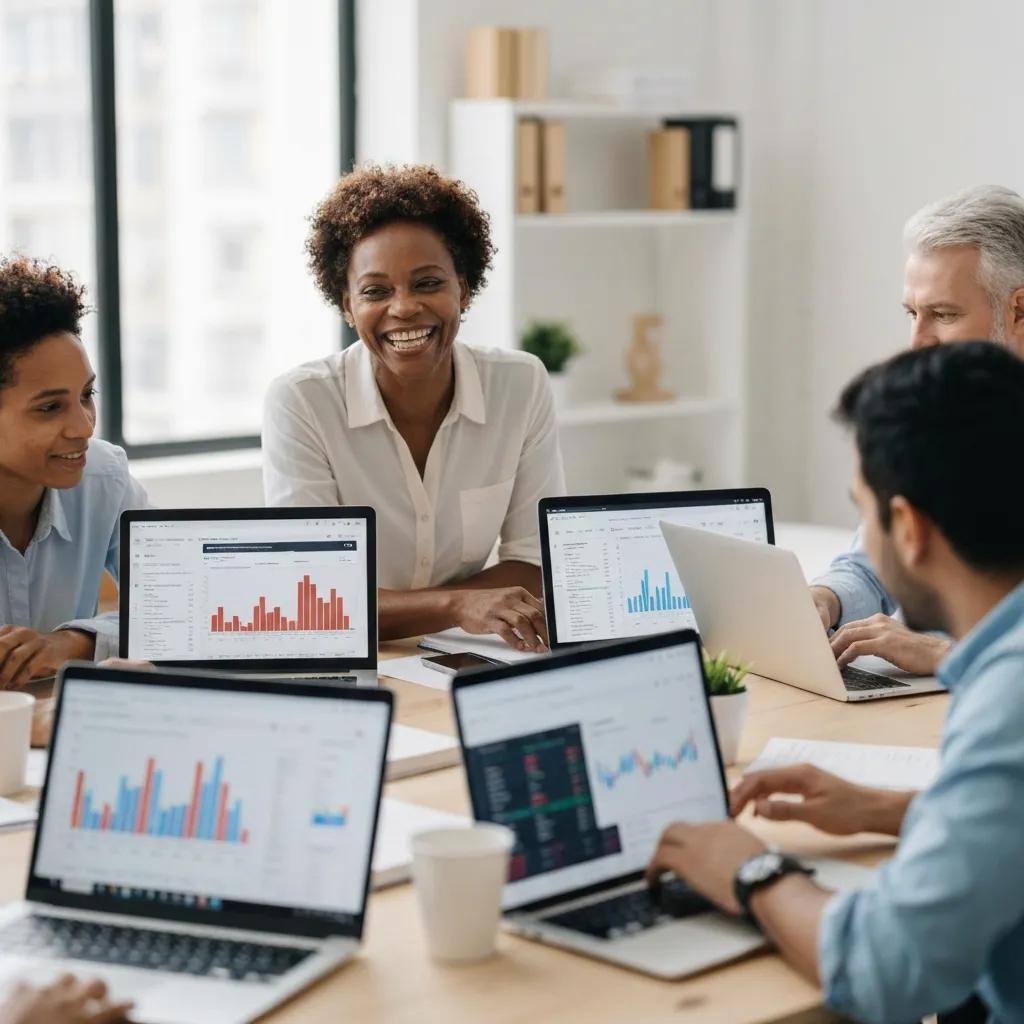 Group of traders discussing forex strategies with laptops and charts