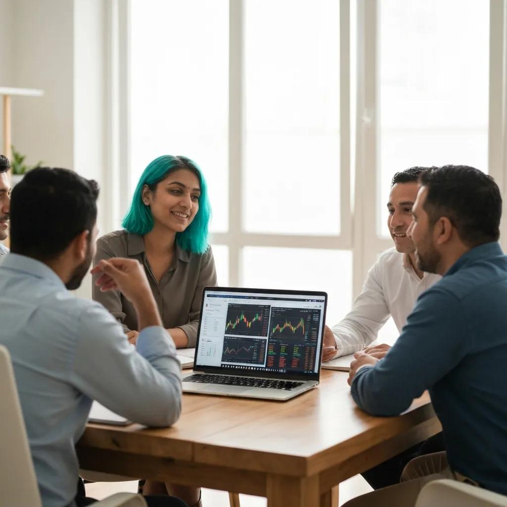 Group of traders discussing halal forex strategies, highlighting the importance of compliance and collaboration