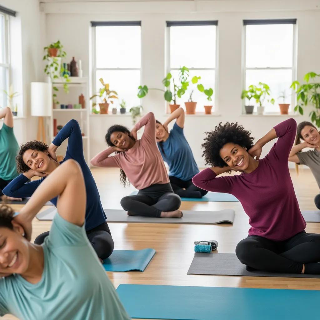 Small group practicing gentle somatic movements in a bright studio Small group practicing gentle somatic movements in a bright studio