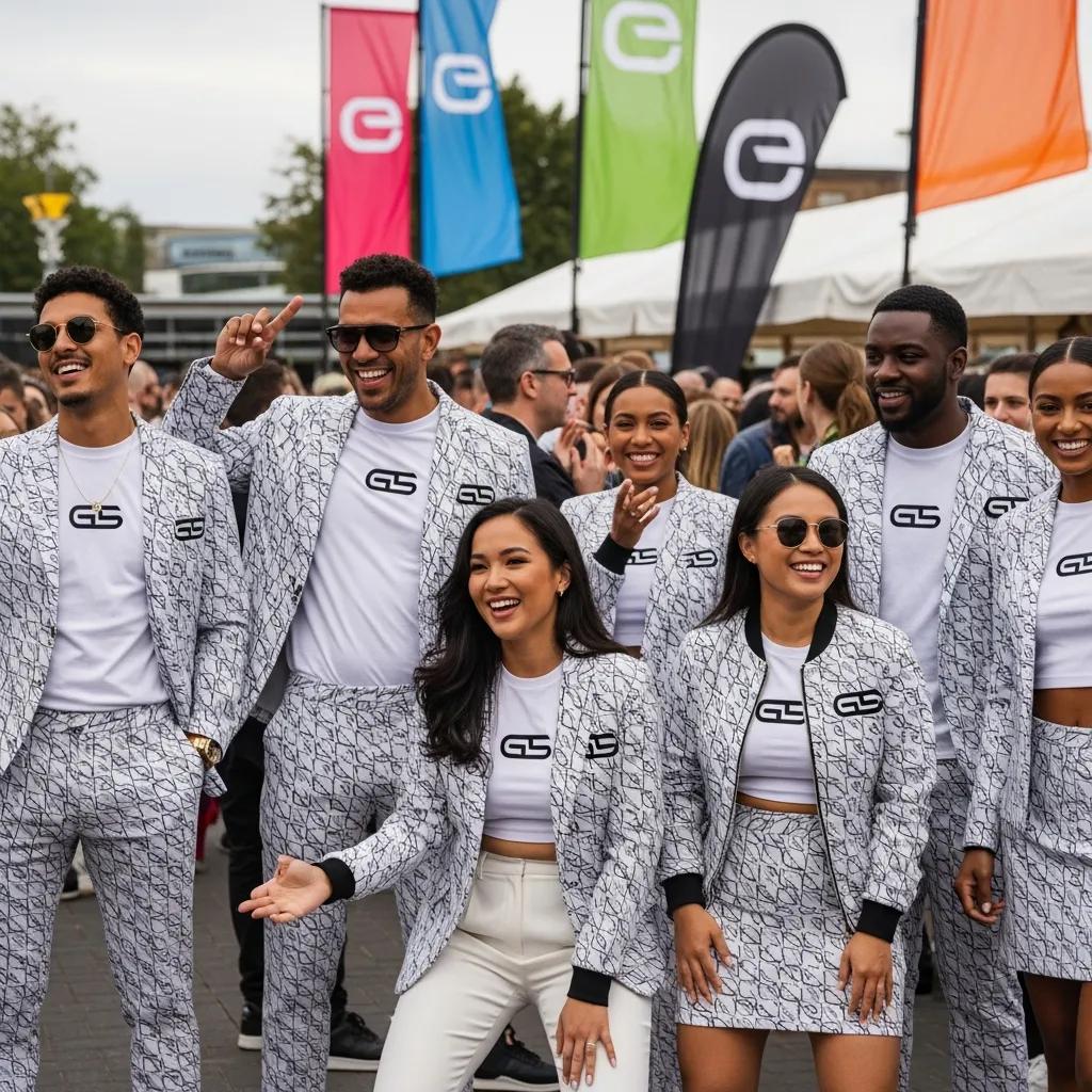Group wearing custom-branded two-piece sets at an event