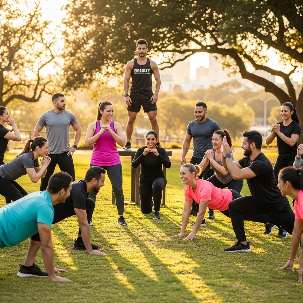 Group workout session with local trainer, emphasizing community support and motivation