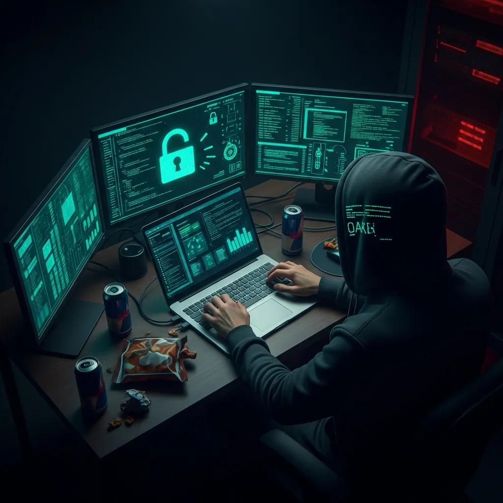 Person in a dim room working on a laptop with streaming data on multiple screens