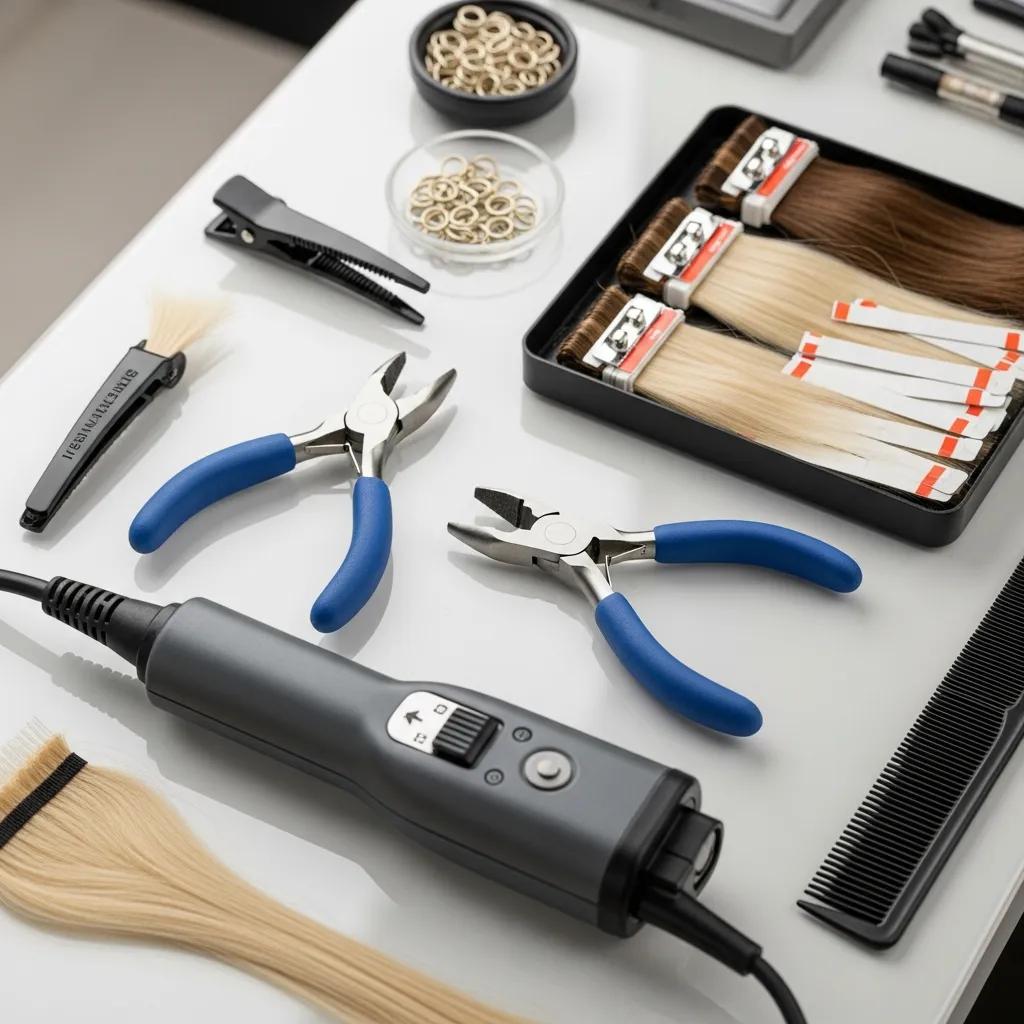 Hair extension application tools including combs and bonding tools