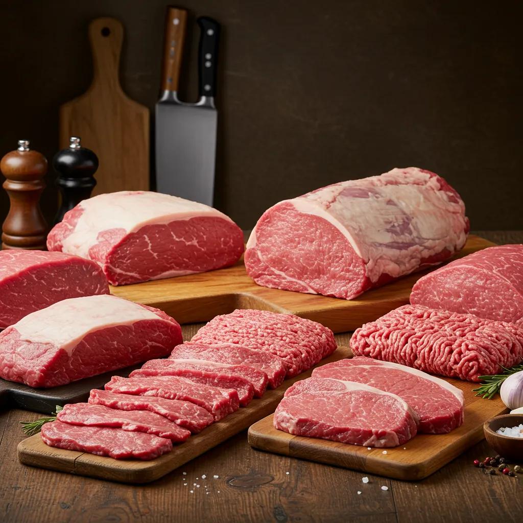 An artfully arranged display of premium half cow cuts on a rustic wooden table, set in a warm, inviting kitchen