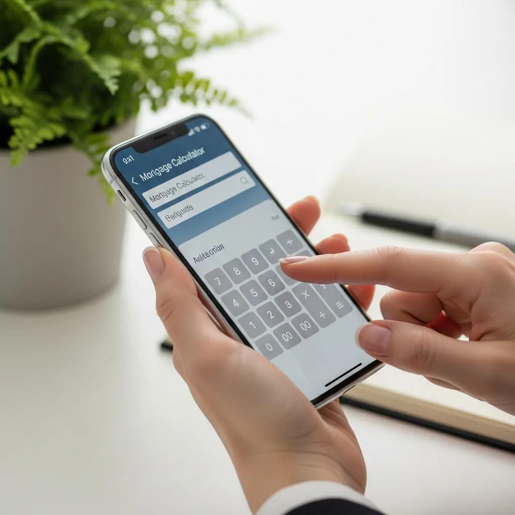 Hand using a smartphone mortgage calculator in a bright workspace