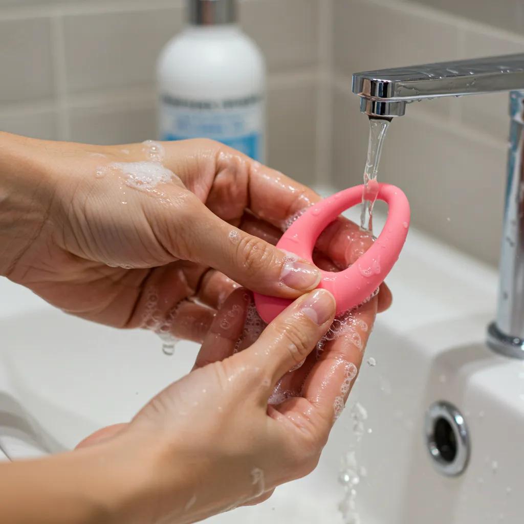 Hand washing a silicone oral toy under warm water, emphasizing proper cleaning and care for longevity